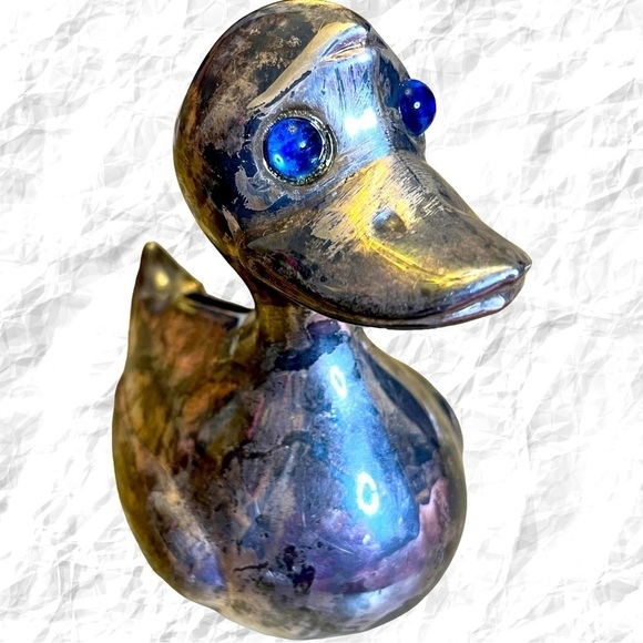 Vintage Silver Plated Duck Coin Bank Blue Eyes Denmark Kitschy Collectible - Picture 1 of 5